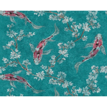 Asian Fusion Koi teal - tapet - 10.05x0.53m - fra Tapetcompagniet